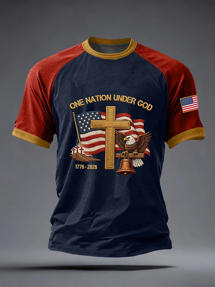 Men'S One Nation Under God Embroidery Pattern T-Shirt