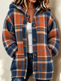 Women's Retro Plaid Hooded Button Knit Cardigan