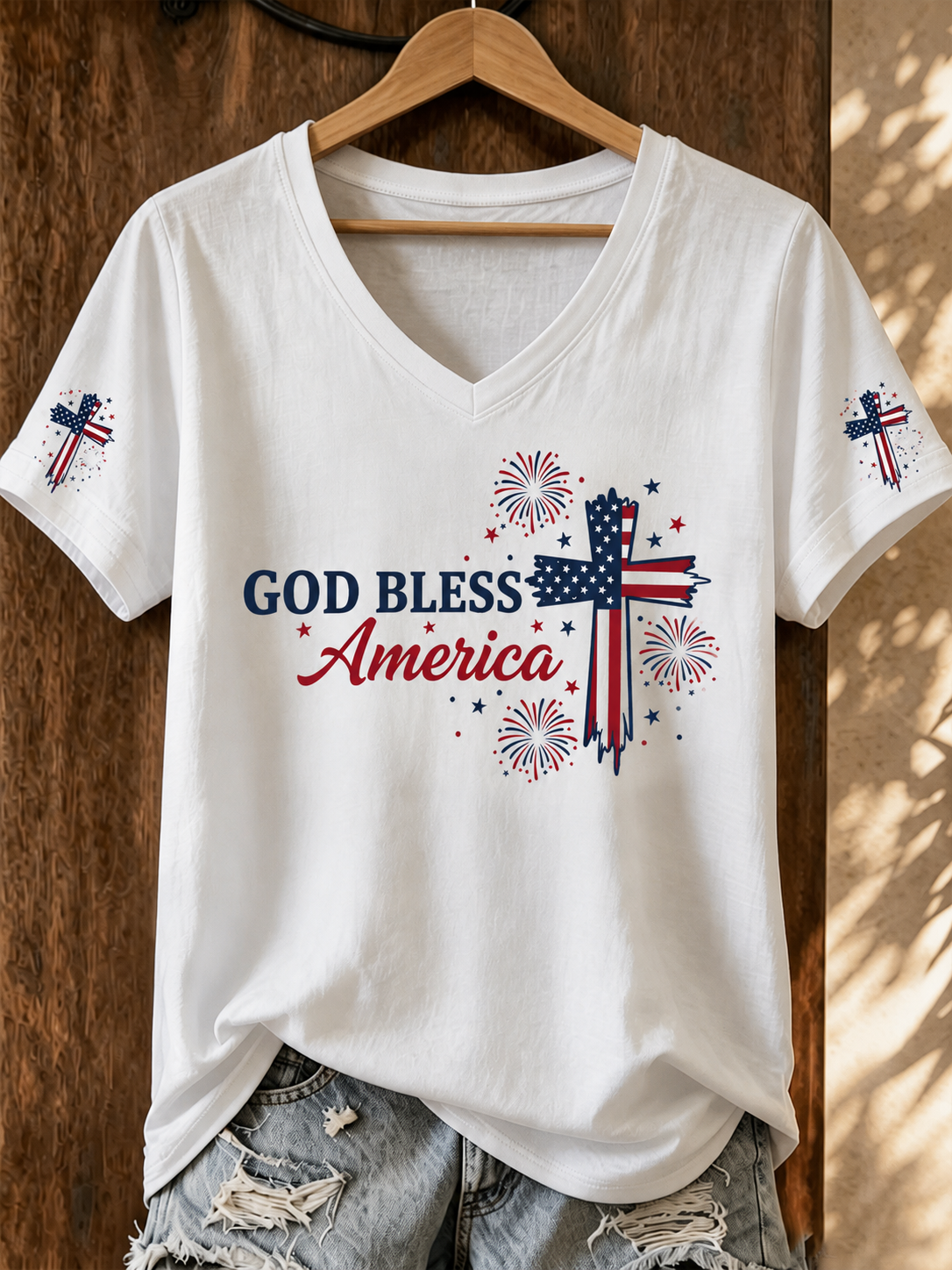 Women's American Religious Cross Printed V-Neck T-Shirt