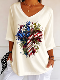 Women'S Faith Flag Cross V Neck 3/4 Sleeve Casual Tee