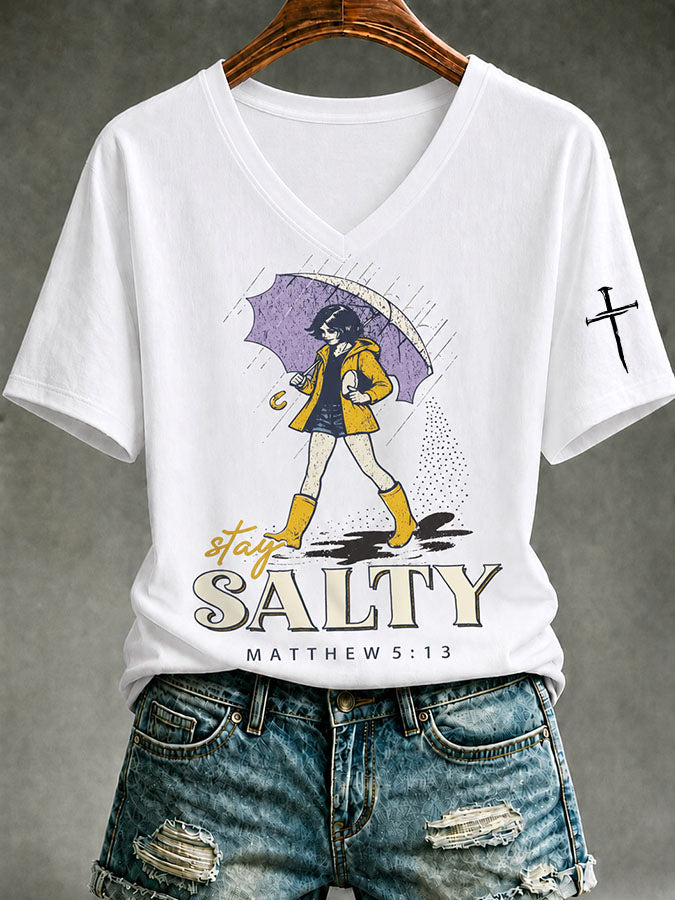 Women V-Neck Stay Salty Matthew 5:13 Christian Umbrella Girl T-Shirt