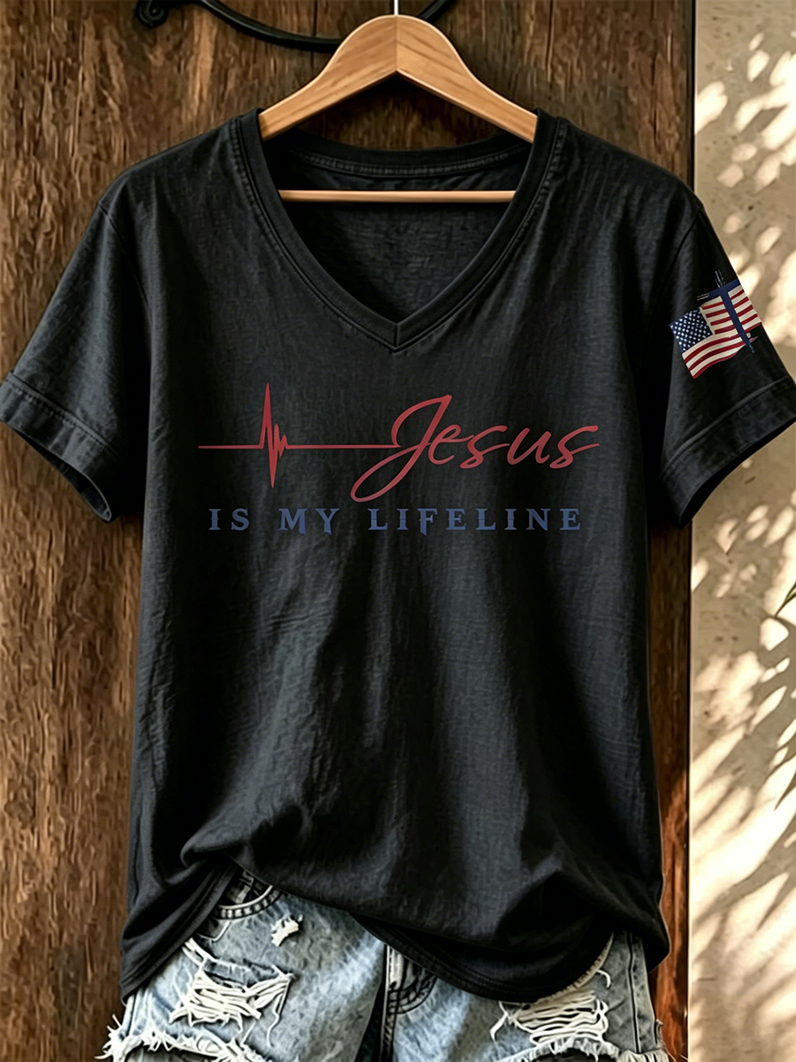 American Flag Faith Cross Commemorative Print V-neck Top