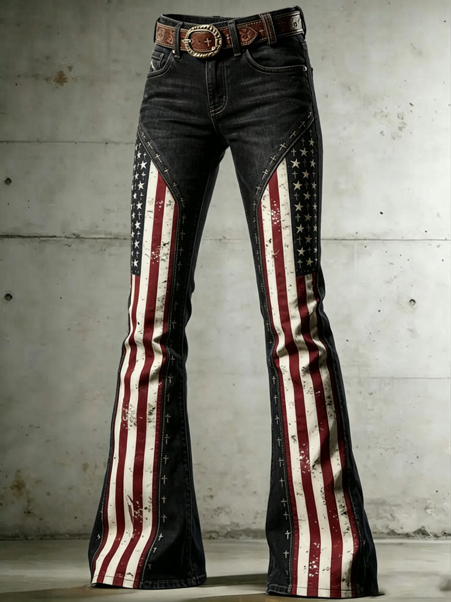 Ladies' American Flag Pattern Cross Printed Trumpet Pants
