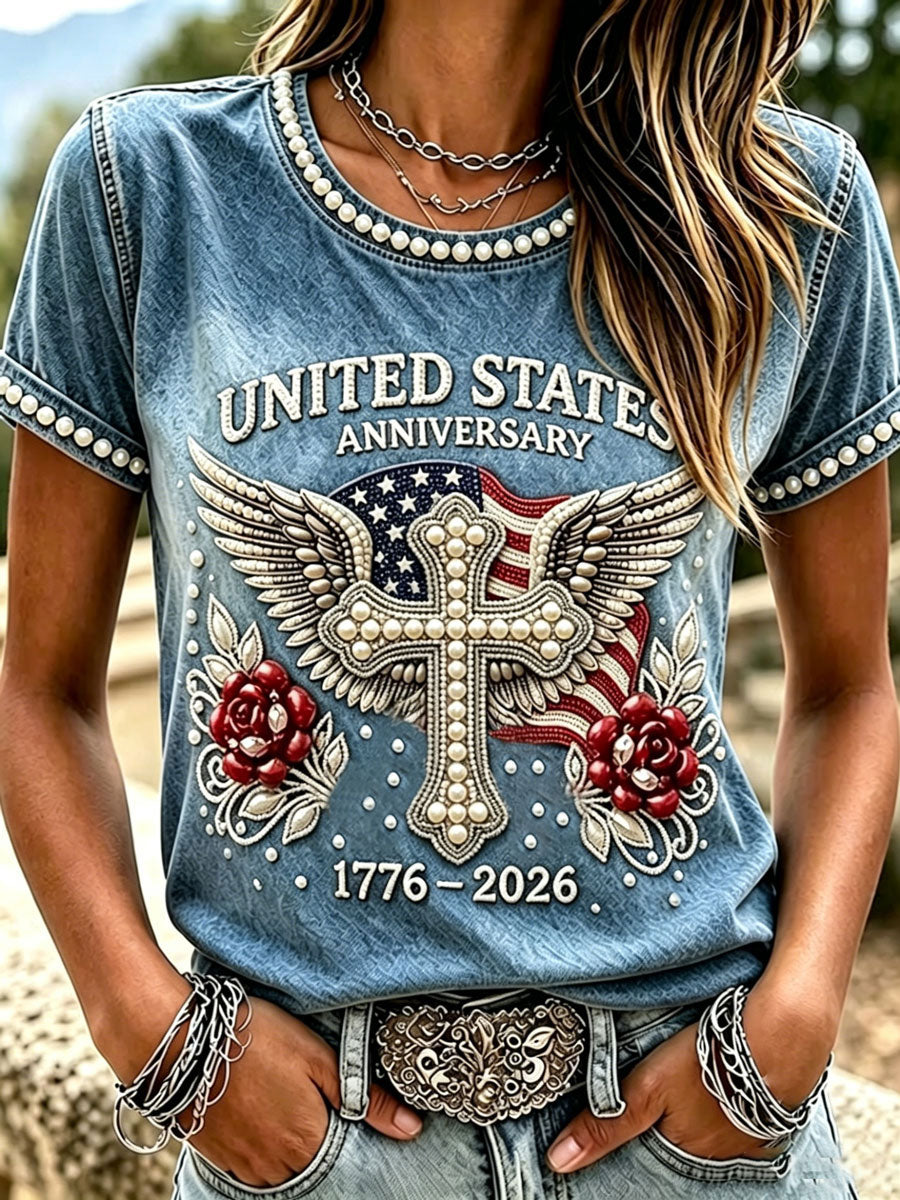 Women'S 250Th Anniversary Faith Flower Pattern Short Sleeve T-Shirt