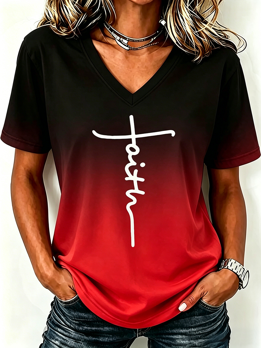 Faith Cross Print Gradient V-Neck Top