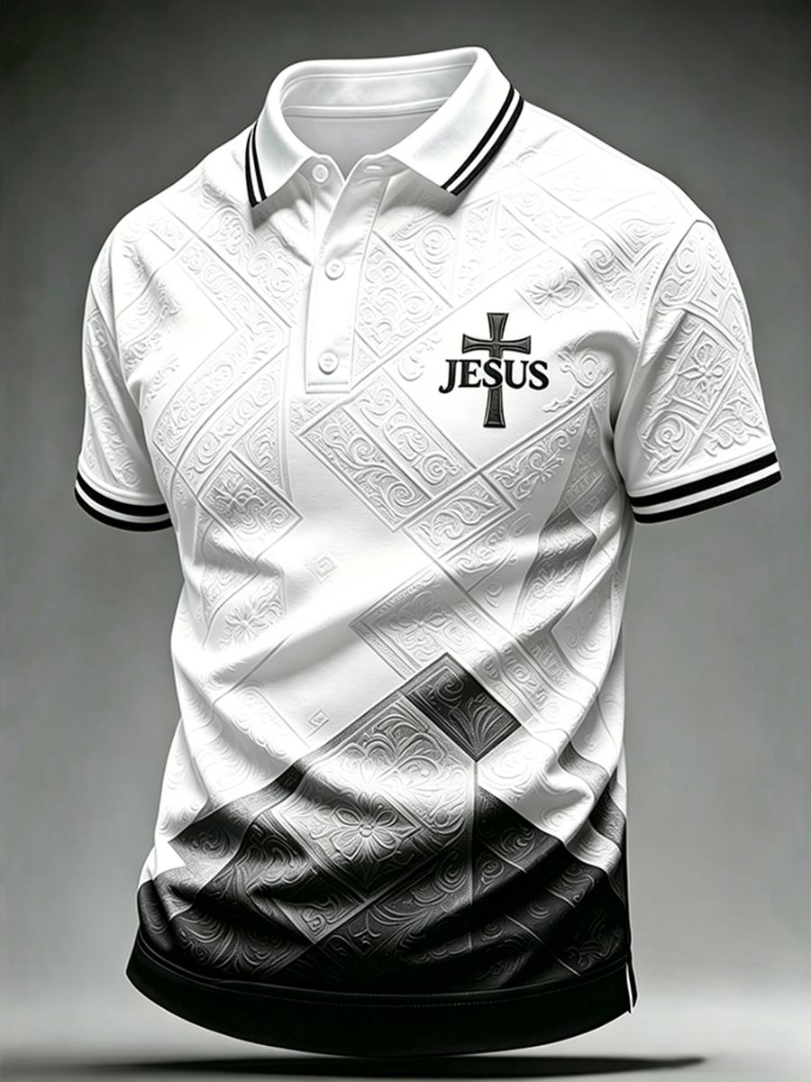 Jesus Cross Gradient Relief Design Printed Polo Shirt