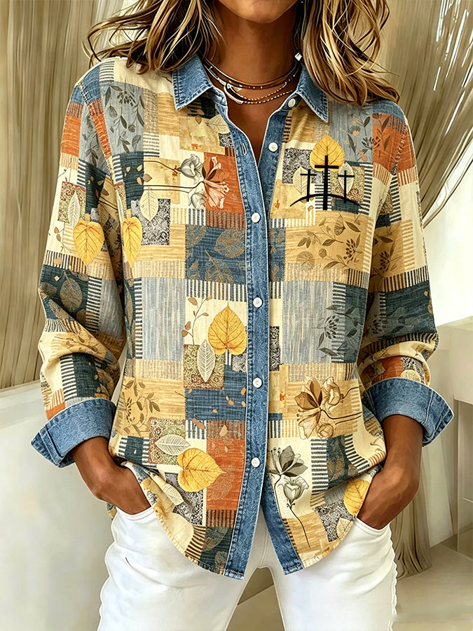 Women'S Contrasting Printed Lapel Long Sleeved Shirt