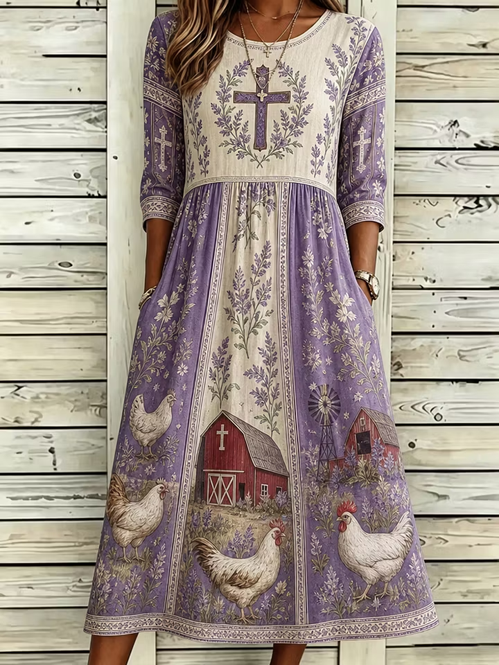 Women's Retro Oil Painting Farm Floral Cross Color Block Cotton Linen Dress