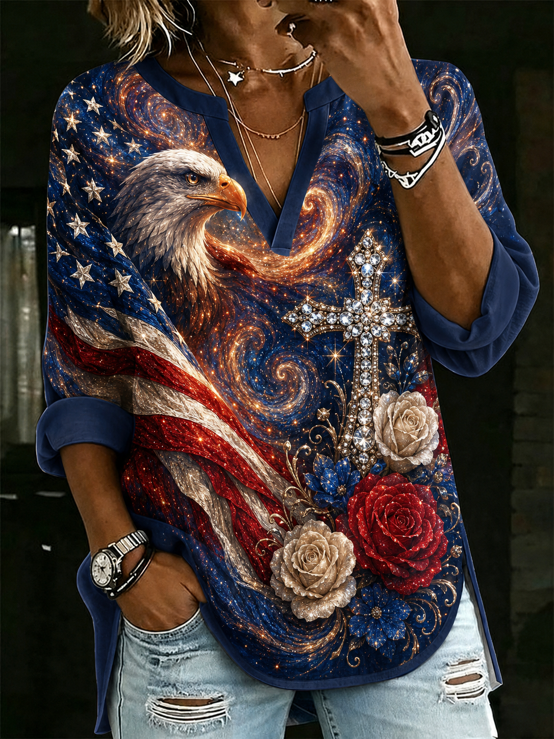 Women's Eagle Cross Floral USA Flag Print V Neck Women Blouse Patriotic Casual Top