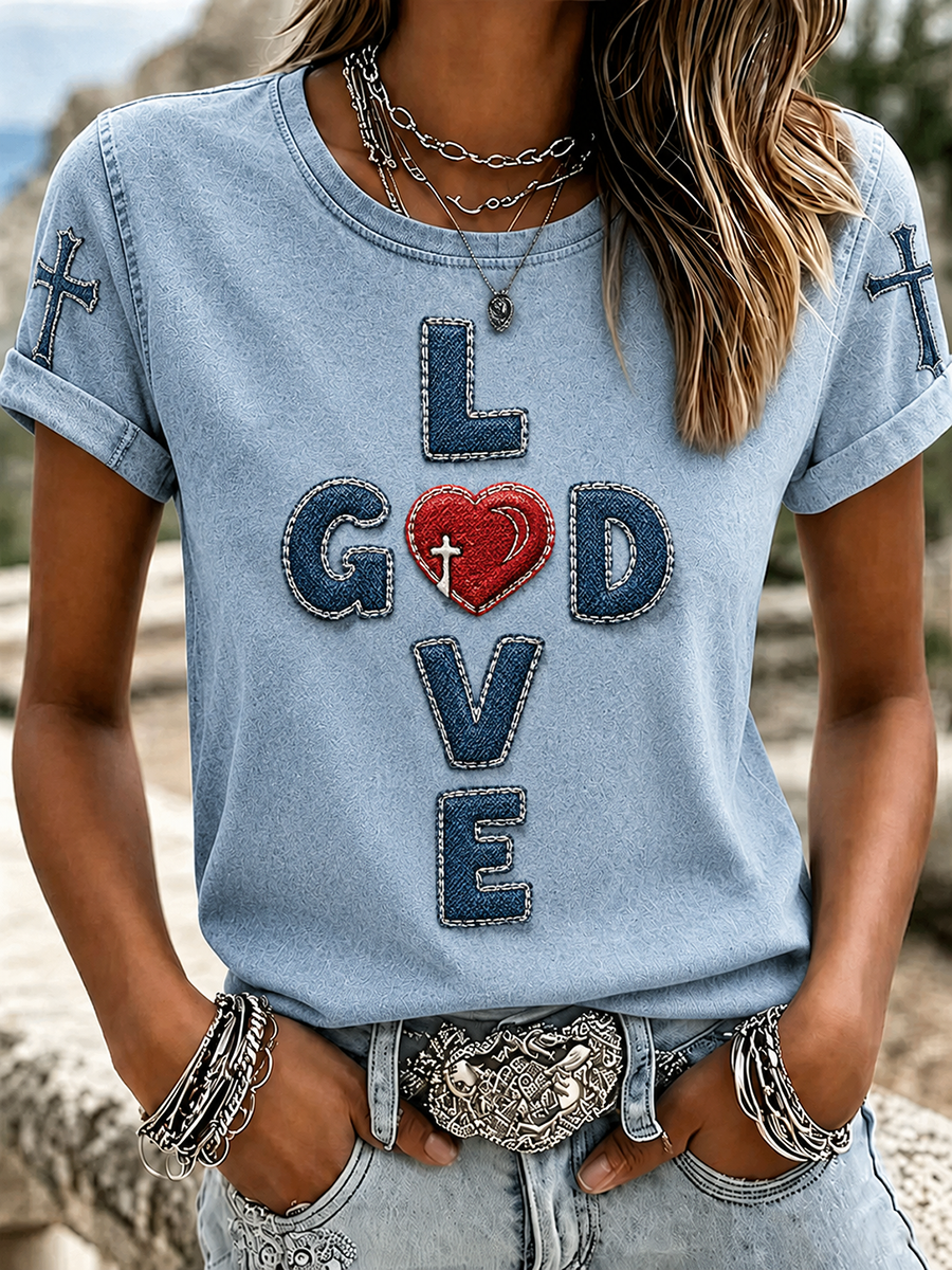 Women's God Is Love Red Heart Cross Patch Embroidery Short Sleeve T-Shirt