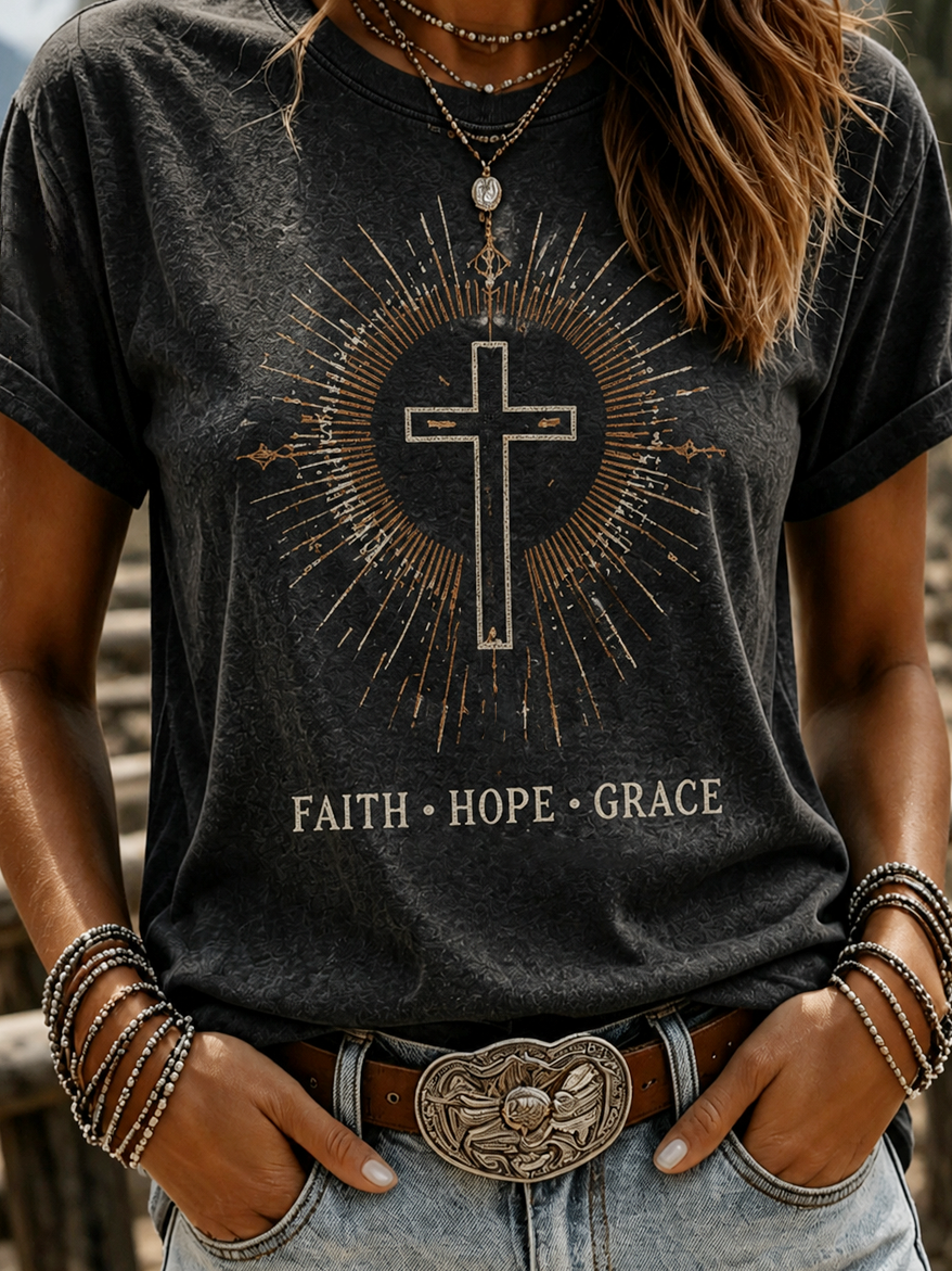 Women's Retro Western Faith Print T-shirt