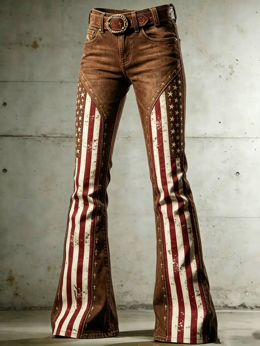 Ladies' American Flag Pattern Cross Printed Trumpet Pants