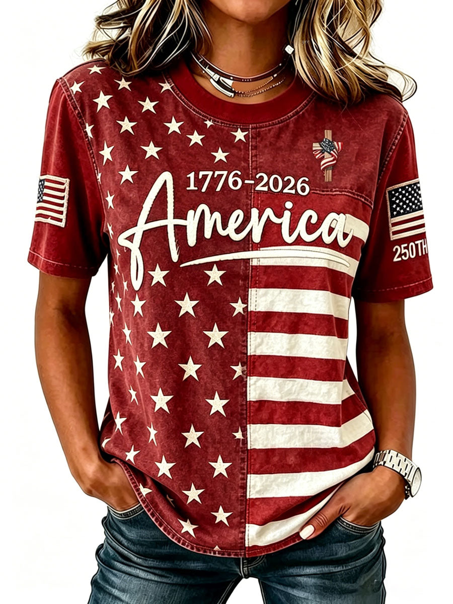 Ladies' Casual Round Neck American 250Th Anniversary Cross Print T-Shirt