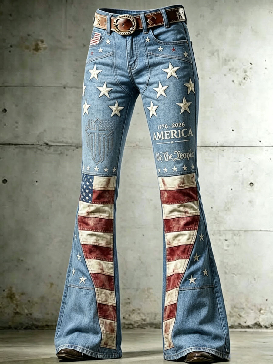 Ladies' American Flag Pattern Cross Printed Trumpet Pants