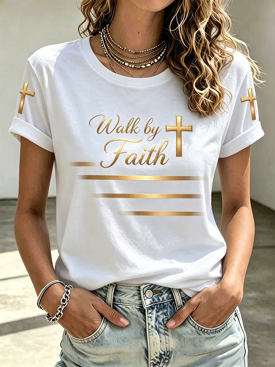 Faith Cross Printed Round Neck Gradient Top