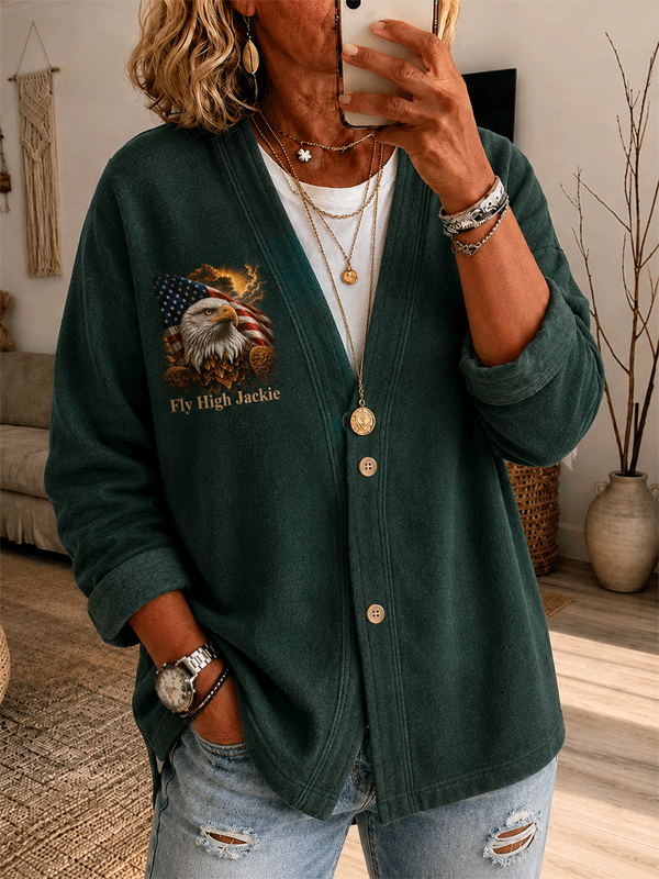 Women'S Fly High Jackie Eagle Flag Print Button‑Up V‑Neck Cardigan