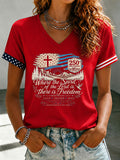 Women's American Independence Day Faith Cross Print Gradient V-Neck Top