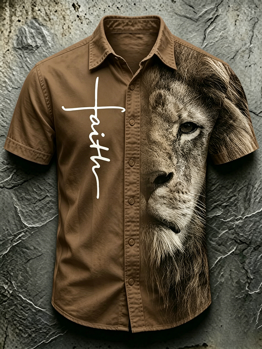 Faith Cross Lion Printed Collar Top