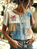 Women'S Casual Floral Faith Printed Cotton And Linen Round Neck Top