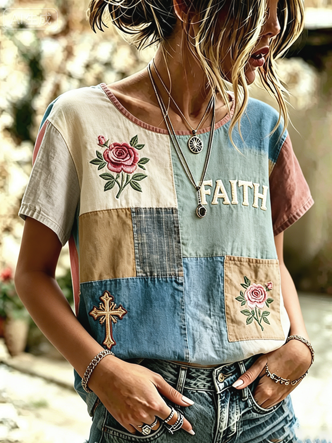Women'S Casual Floral Faith Printed Cotton And Linen Round Neck Top