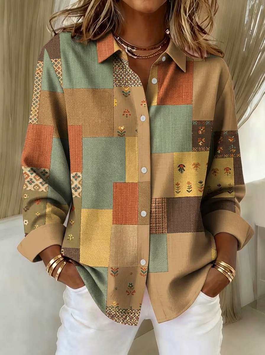 Women's Autumn Boho Patchwork Floral Printed Button-up Shirt