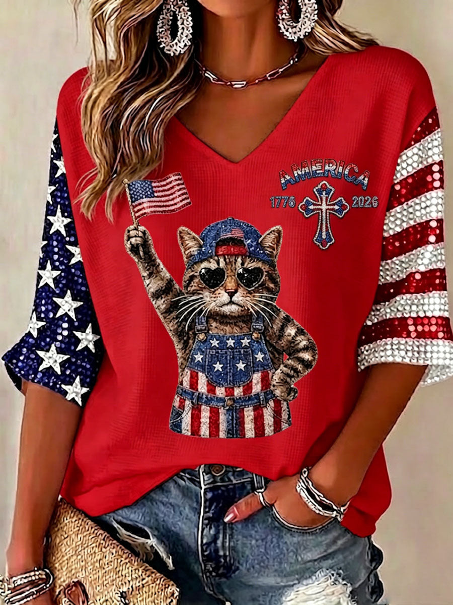 Ladies' American Cat Flag Cross Pattern V-Neck Casual Top
