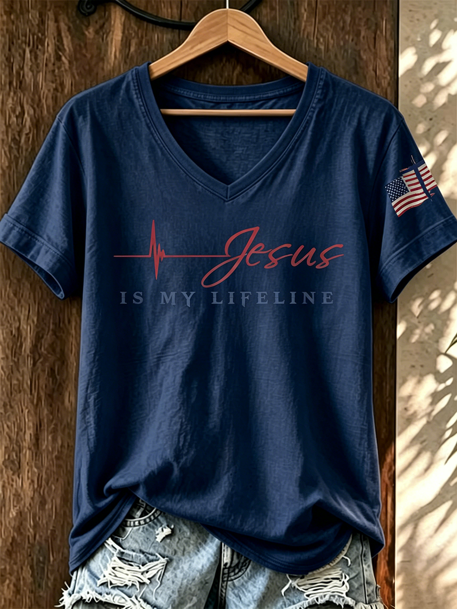American Flag Faith Cross Commemorative Print V-neck Top