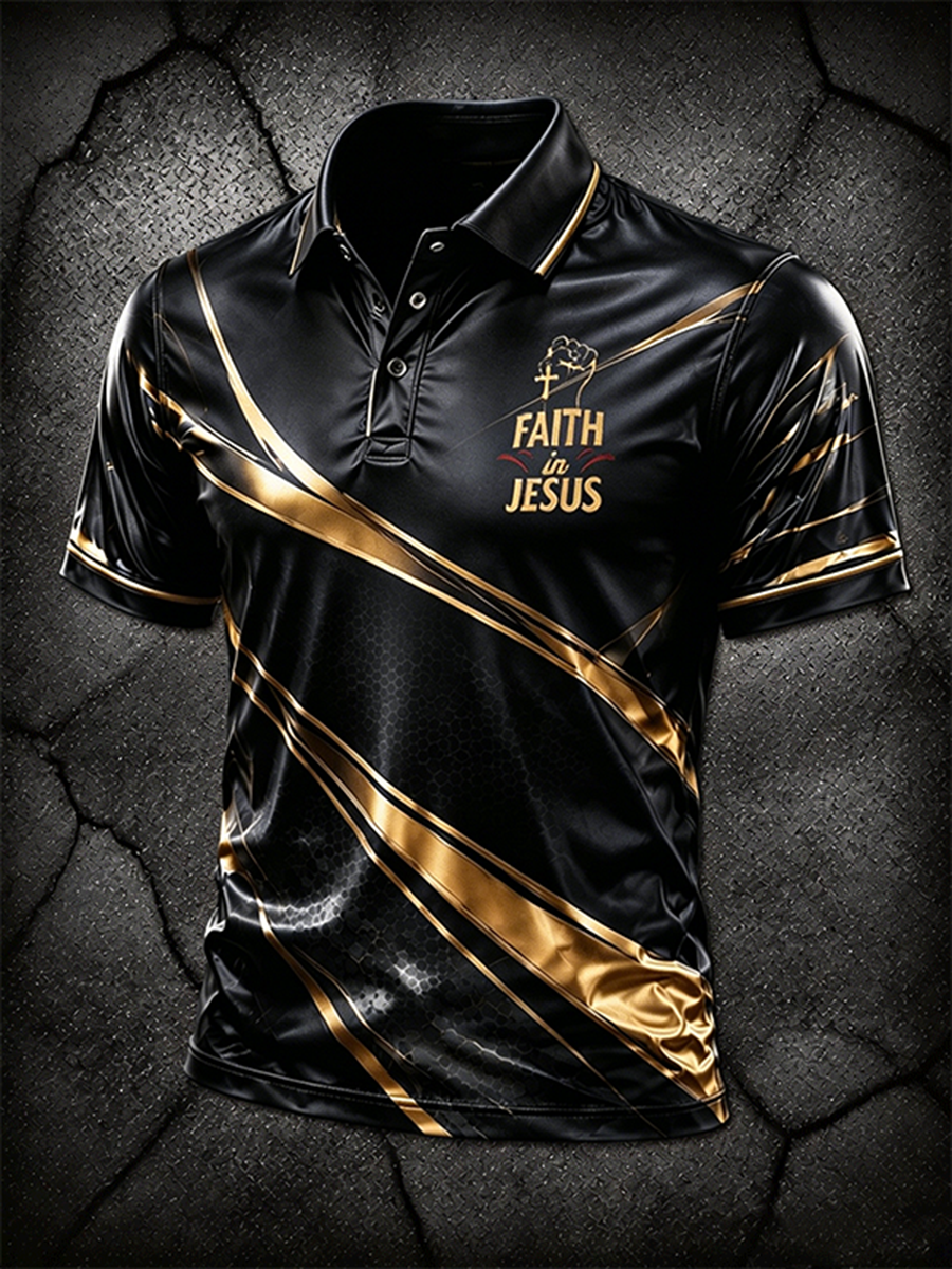 Men's Faith In Jesus Gold Line Navy Sport Polo Shirt