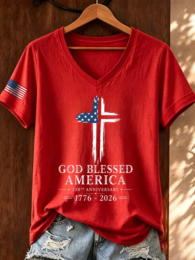 Women's Casual America Flag V-Neck T-shirt
