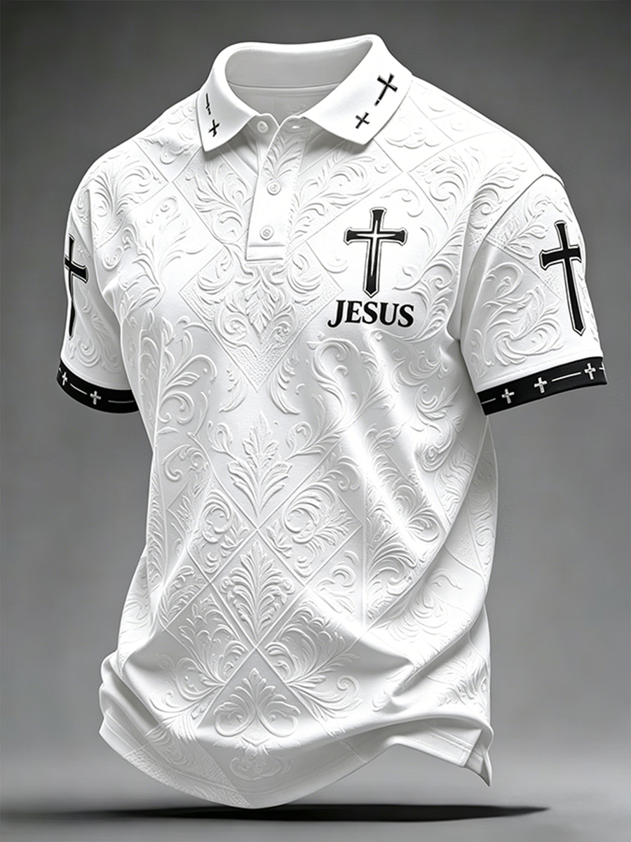 Jesus Cross Faith Relief Design Printed Polo Shirt