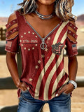 Female Casual Hollowed Out Patriotic T-Shirt