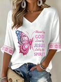 Women'S Blessed By God Loved By Jesus Led Print Casual T-Shirt