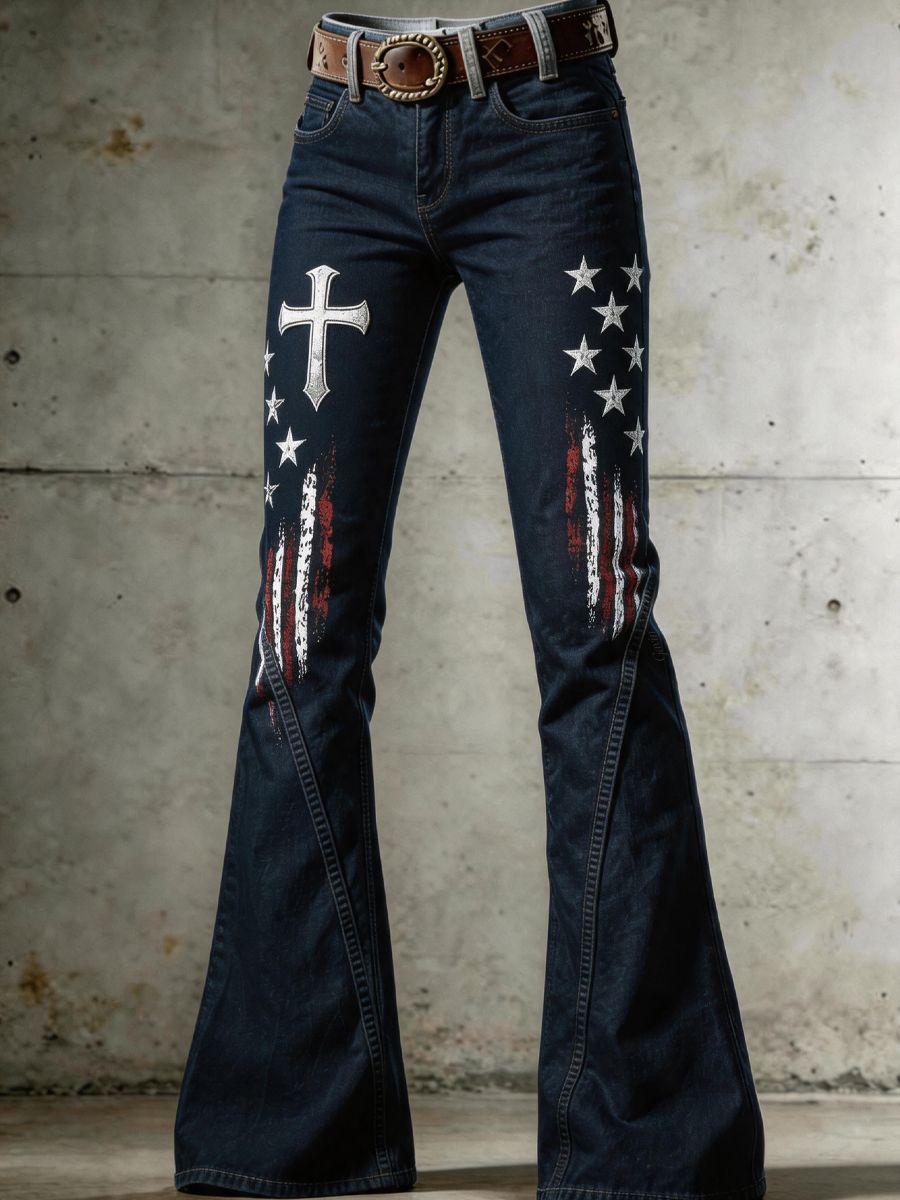 Women'S Retro Faith Cross Art Print Flared Trousers
