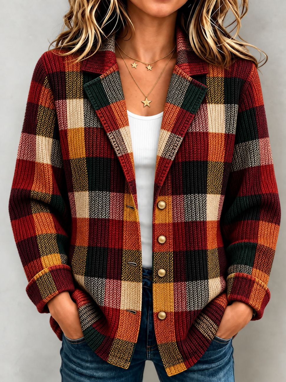 Women's Autumn Plaid Knit Blazer Jacket