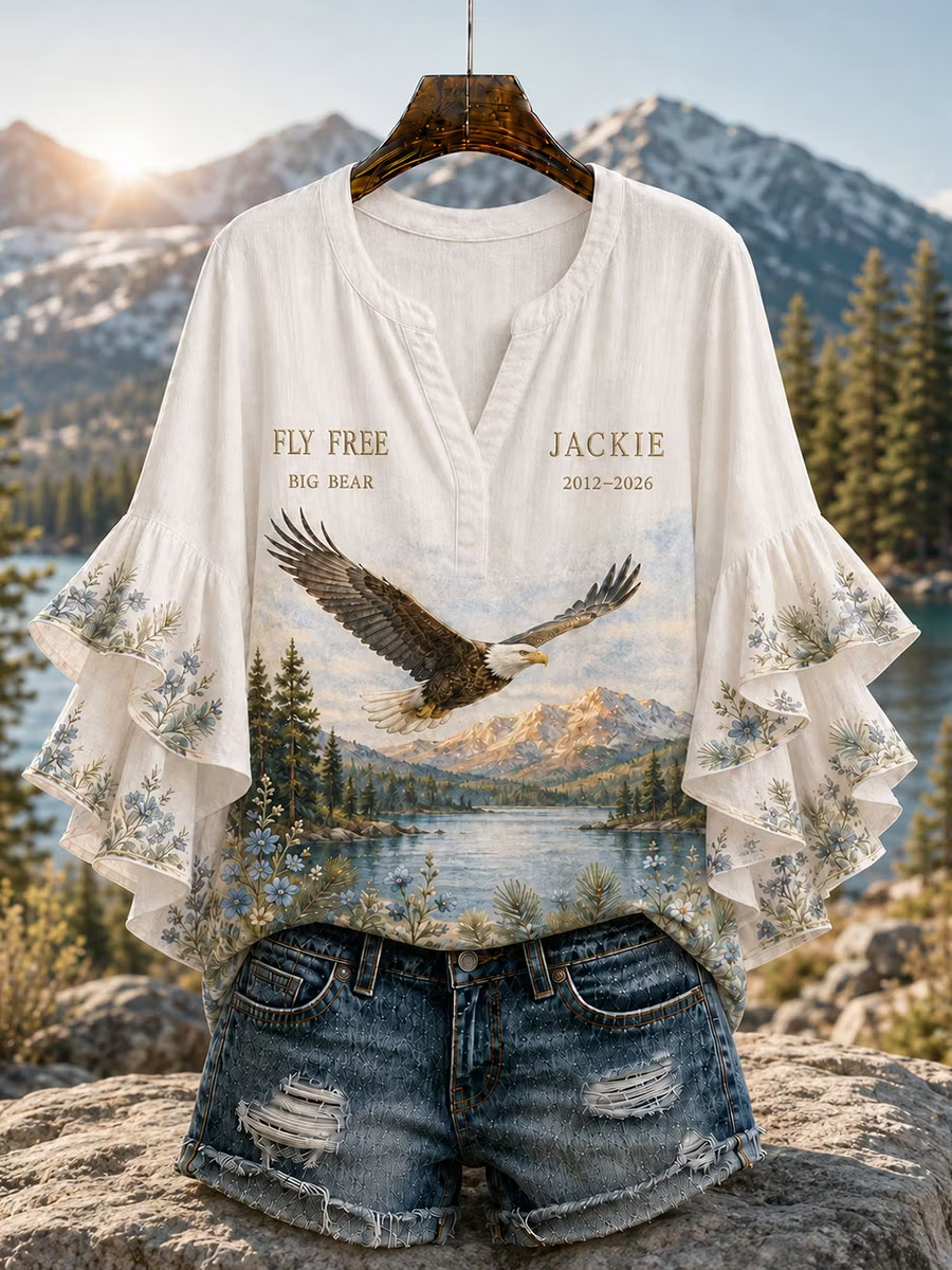 Jackie Forever In Our Hearts Women'S Eagle Flower Ruffle Sleeve Shirt