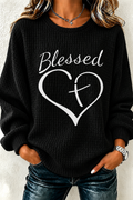 Women'S Faith Heart Pattern Round Neck Checkered Sweatshirt