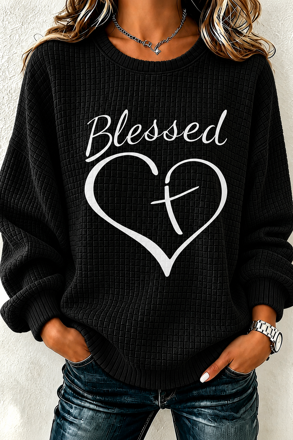 Women'S Faith Heart Pattern Round Neck Checkered Sweatshirt