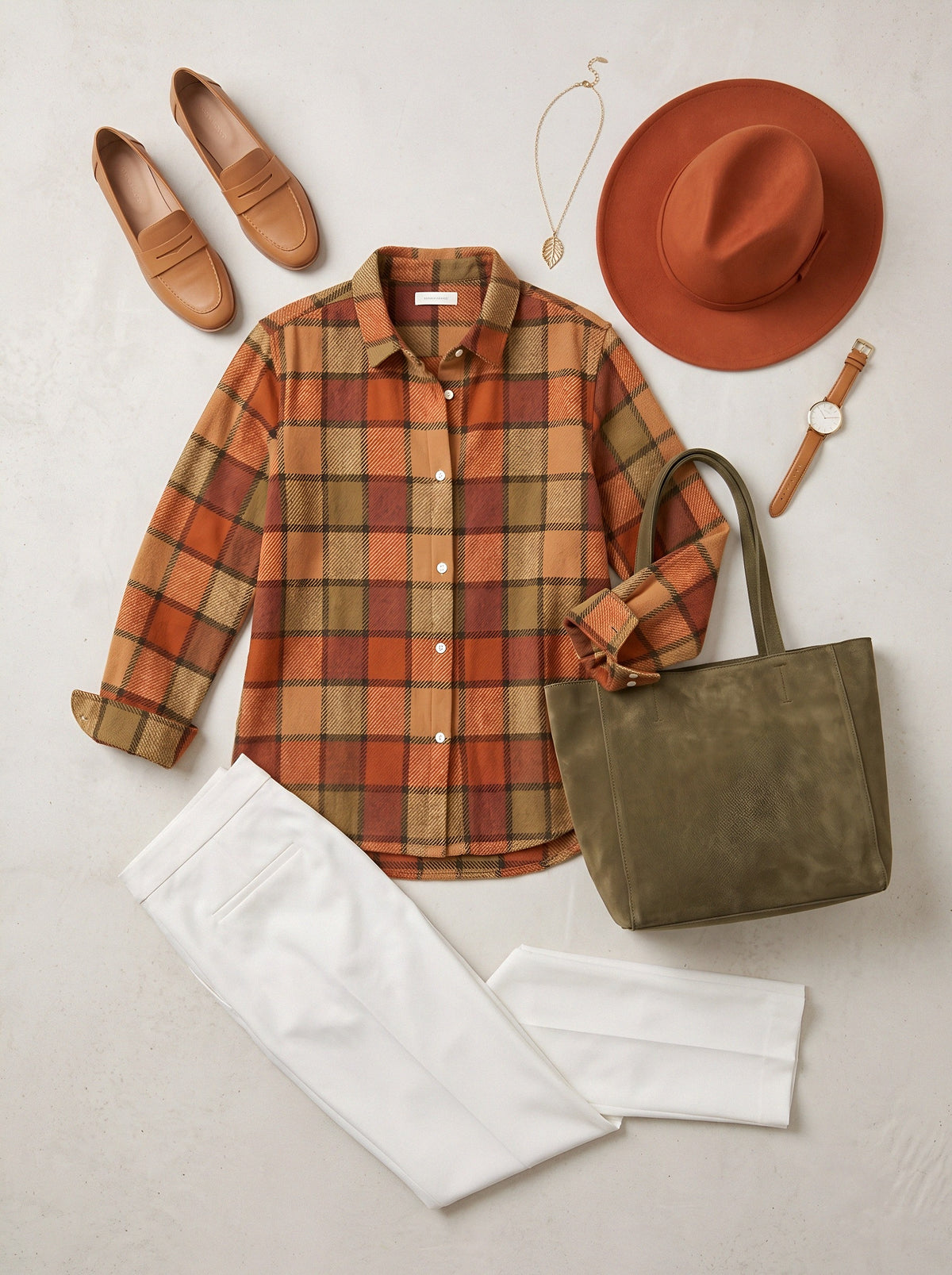 Women's Autumn Casual Orange Plaid Printed Button-down Shirt