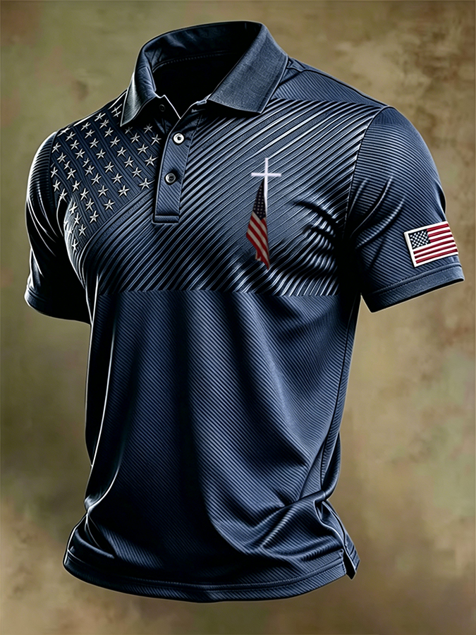 Men'S Retro National Flag And Cross Print Casual Polo Shirt