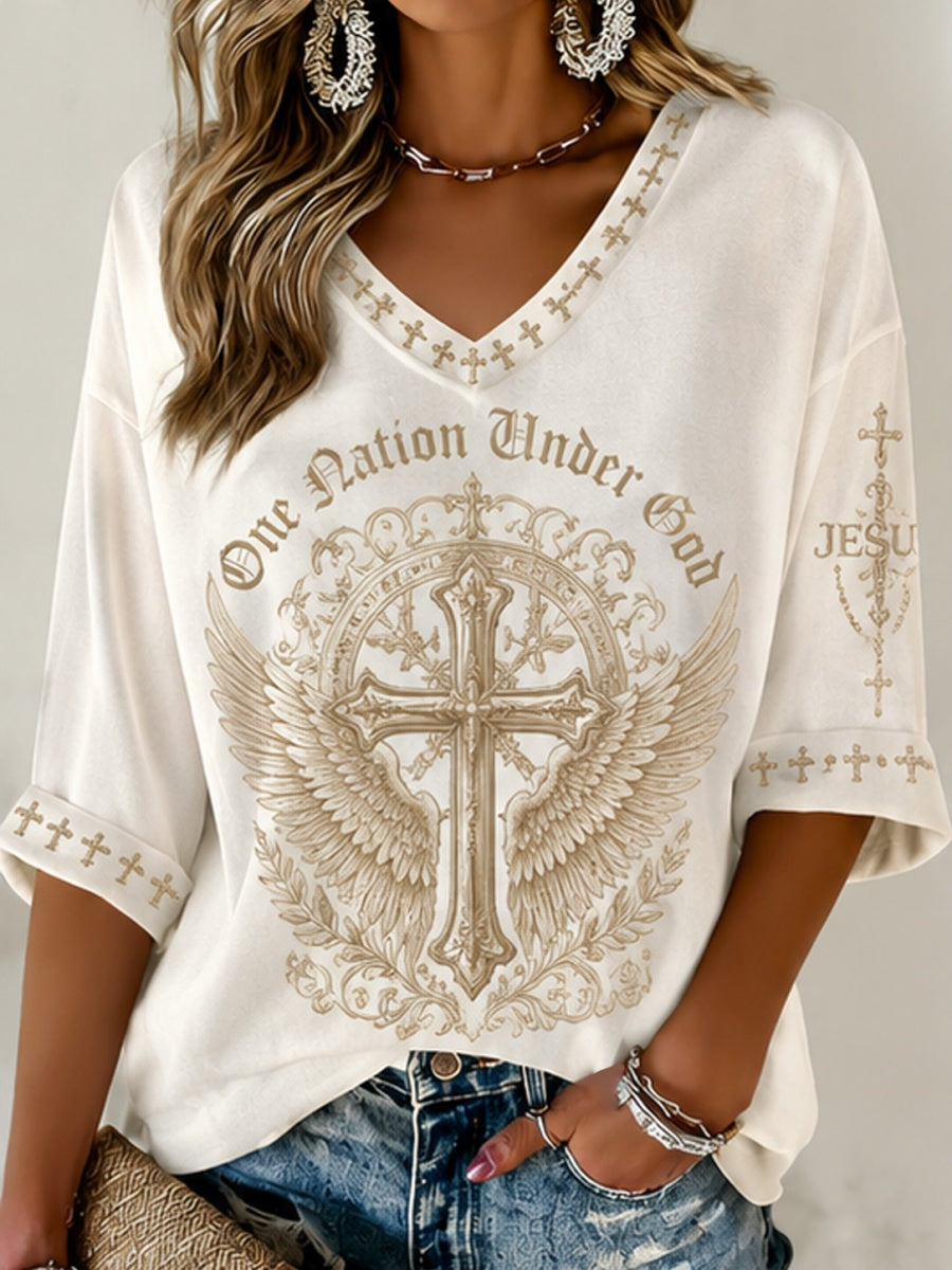 Women's One Nation Under God Cross-Print Long Sleeve Top