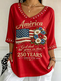Women's Comfortable Independence Day Flower Flag V-Neck T-Shirt