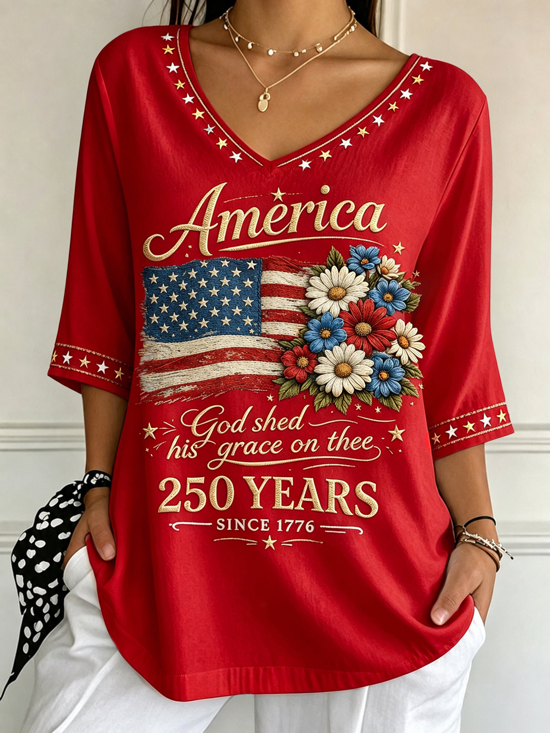 Women's Comfortable Independence Day Flower Flag V-Neck T-Shirt