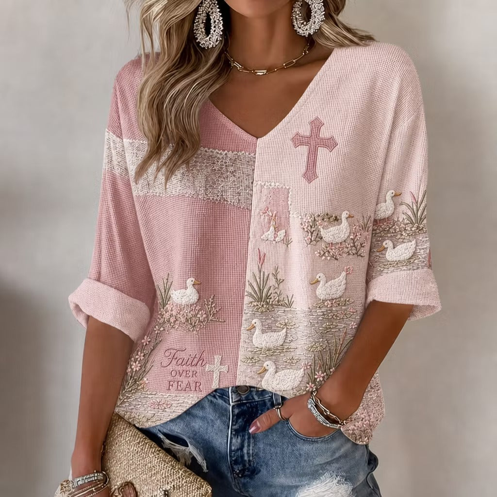 Women's Cross Duck Floral V-neck T-shirt