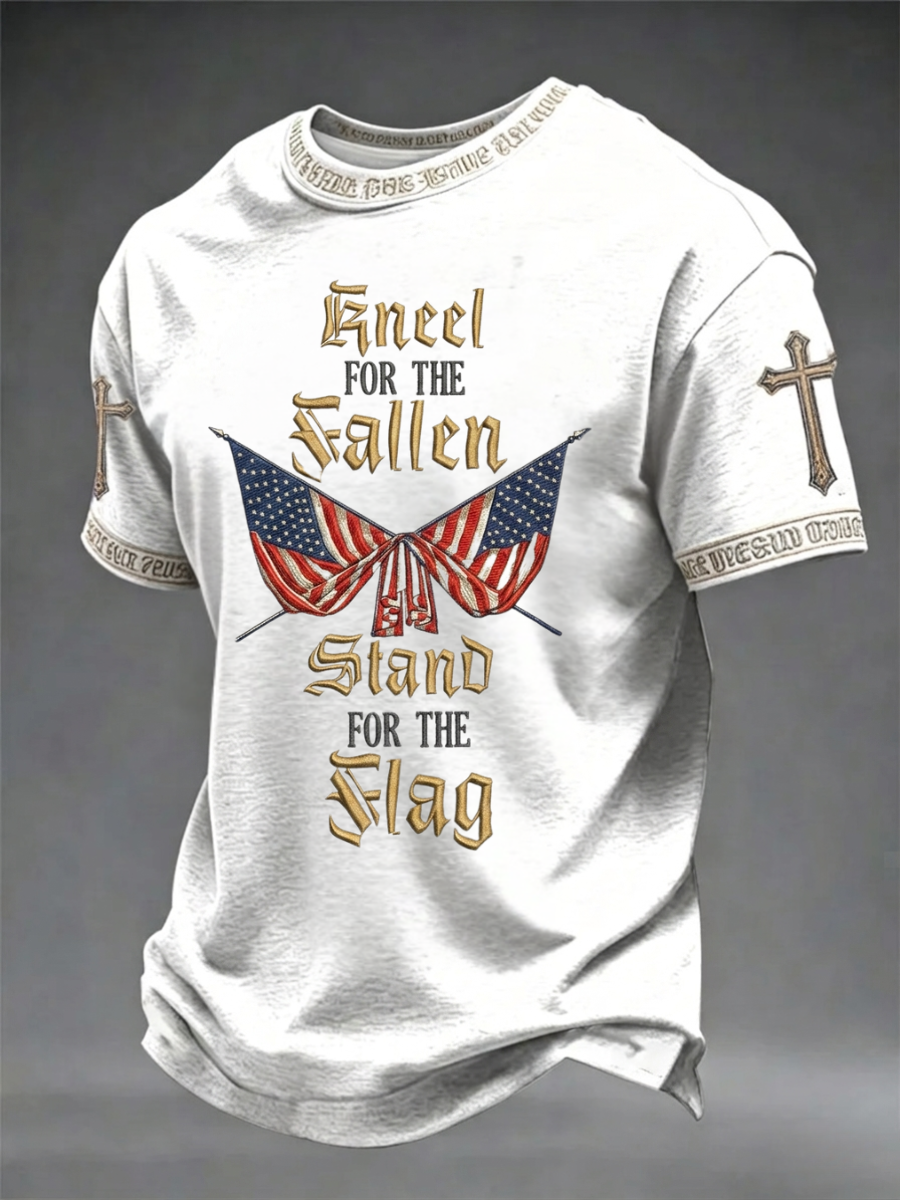 Men's America's 250th Anniversary Stand For The Flag Kneel For The Cross Faith Christian Cross Print T-Shirt