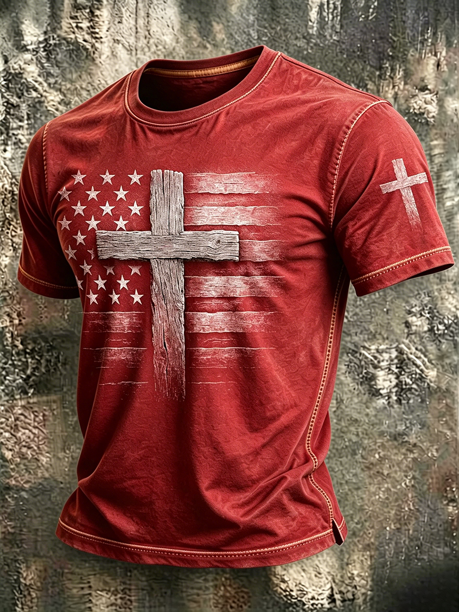 American Flag Faith Printed Round Neck T-shirt