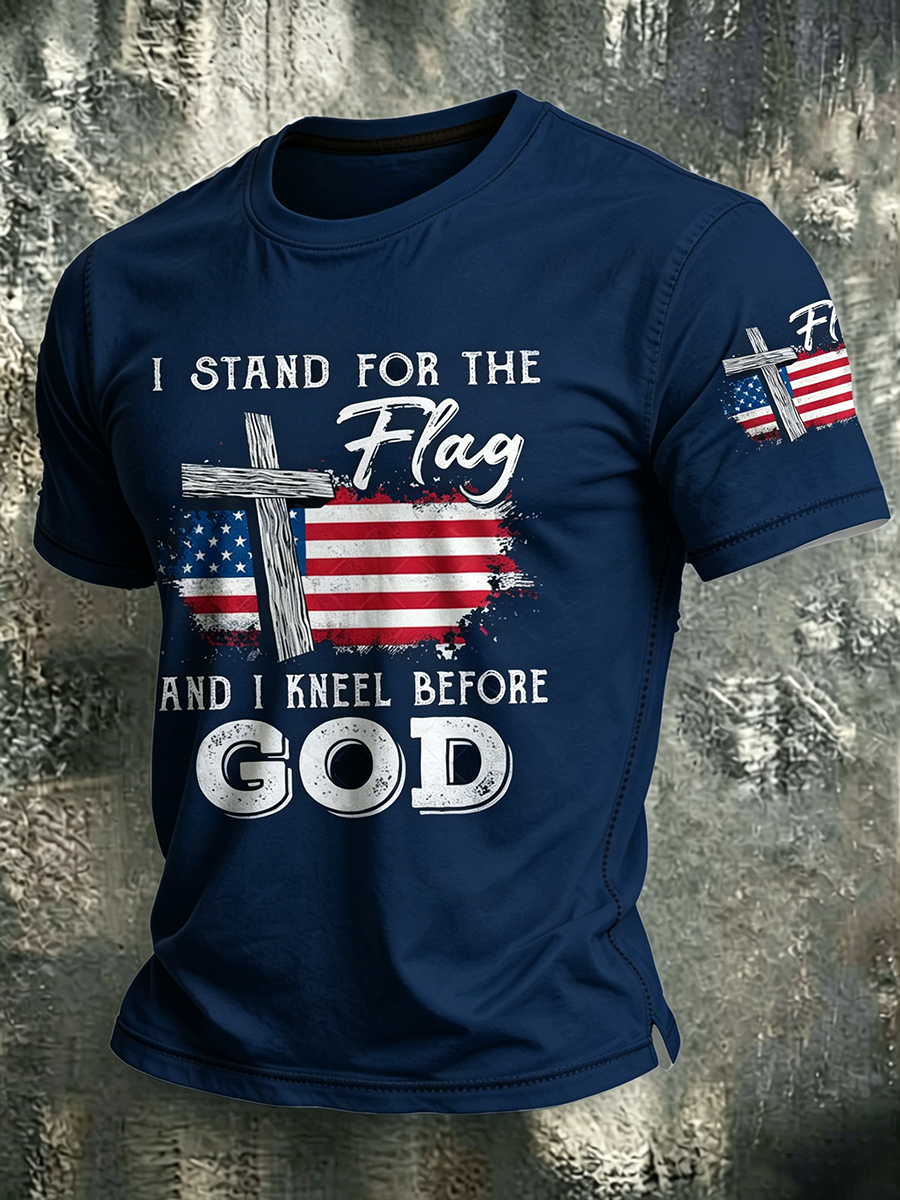 American Faith Cross Slogan Commemorative Print Round Neck T-Shirt