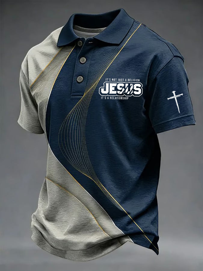 Men's Retro Faith Cross Print Casual Polo Shirt