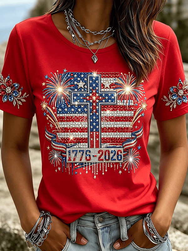 American Patriotic Retro Pattern Printed Comfortable Round Neck T-Shirt