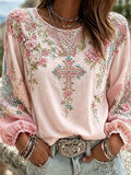 Women'S Casual Floral Faith Print Cotton Linen Top