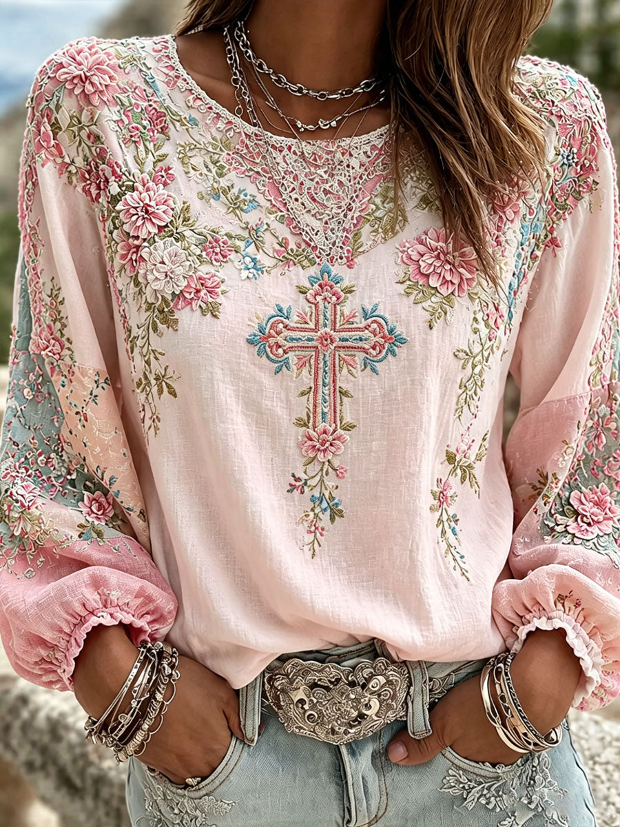 Women'S Casual Floral Faith Print Cotton Linen Top